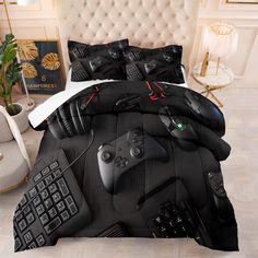 a bed with a computer keyboard and mouse on it