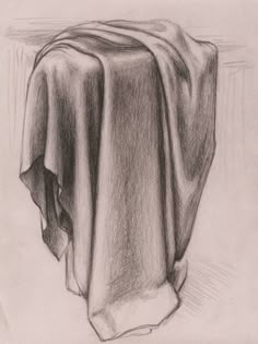 a black and white drawing of a cloth on a tablecloth draped over it's head