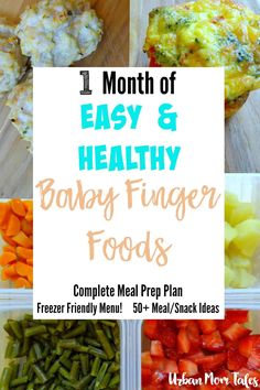 baby finger foods in plastic containers with text overlay that reads 1 month of easy and healthy baby finger foods