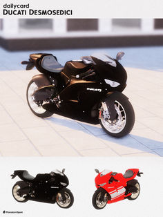 three different types of motorcycles are shown on the floor and in front of each other