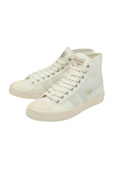 Elevate your fashion game with Gola Coaster High-Top Sneakers for Women in White! These sneakers have a canvas upper and rubber sole, for long lasting style and comfort. With the classic Gola stripes on the side and the high top style, these sneakers will go with any outfit. Features: Gola Style: CLA205OFF WHITE/GOLD Color: White Women's sneakers High-top style Lace up design Off White/gold stripes on the side Canvas High-top Sneakers For Everyday, Everyday Canvas High-top Sneakers, Everyday Canvas High-top Sneakers With Gum Sole, Canvas High-top Sneakers With White Sole For Everyday Wear, High-top Canvas Sneakers For Everyday, Everyday Canvas High-top Lace-up Sneakers, Everyday Lace-up High-top Canvas Sneakers, Everyday Canvas Lace-up High-top Sneakers, Everyday Lace-up Canvas High-top Sneakers