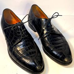 Italian Hand Made Alligator Exotic Shoes Black Dress Shoes With Crocodile Pattern, Black Crocodile Pattern Oxfords For Business, Black Crocodile Pattern Wingtip Oxfords, Fitted Black Dress Shoes With Crocodile Pattern, Elegant Dress Shoes With Crocodile Pattern For Work, Elegant Black Dress Shoes With Crocodile Pattern, Elegant Semi-formal Dress Shoes With Crocodile Pattern, Formal Crocodile Pattern Cap Toe Dress Shoes, Fitted Crocodile Pattern Leather Shoes With Pointed Toe