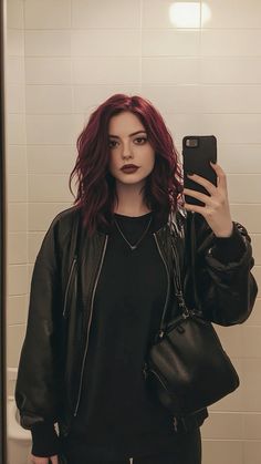 Burgundy hair inspo Cherry Maroon Hair, Makeup Dark Red Hair, Curly Dark Burgundy Hair, Gothic Haircut Long, Mid Length Grunge Hair, Dark Red Hair With Brown Roots, Cool Dark Hair Color Ideas, Cherry Coke Hair Color Short Hair, Burgundy Shoulder Length Hair