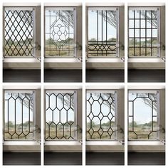 six different views of a window with iron bars on each side and the same view through them