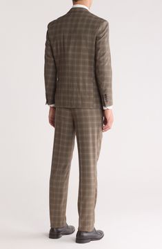 Impeccably tailored in windowpane-patterned fabric, this three-piece suit features a softer shoulder for a more natural profile. Jacket has notched lapels; four-button cuffs; chest pocket; flap pockets; interior pockets Vest has front welt pockets; adjustable back half belt Trousers have zip fly with hook-and-bar closure; slant pockets; back button-welt pockets Unhemmed Jacket is lined; trousers are lined to the knee 63% Terylene polyester, 35% rayon, 2% spandex Dry clean Imported Tailored Plaid Three-piece Suit For Formal Occasions, Plaid Three-piece Suit With Notch Lapel For Formal Occasions, Classic Plaid Three-piece Business Suit, Plaid Suits With Welt Pockets And Suit Collar, Plaid Suit With Suit Collar For Work, Plaid Suits With Notch Lapel And Welt Pockets, Classic Plaid Suits For Workwear, Tailored Plaid Suits For Office, Tailored Plaid Suit