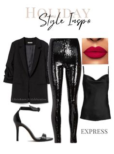 Black Sequence Pants Outfits, Gold Sequin Pants Outfit Night Out, Black Sequin Pants Outfit Holiday, Glitter Leggings Outfit, Black Sequin Blazer Outfit, Sequin Leggings Outfit