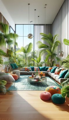 a living room filled with lots of green plants