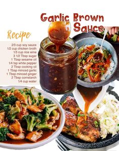 the recipe for garlic brown sauce is shown with broccoli and other food items