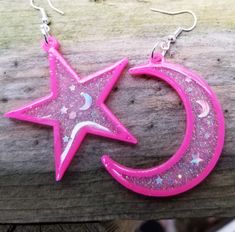 Crescent moon and star mismatched Neon pink holographic Glitter 3D printed resin earrings Lightweight Free Shipping MTcoffinz Placement of stars and mini moons will vary, making your pair one of a kind. Colors will be as shown. Message me if you want to create a pair with custom colors. 3D printed here in my studio, these are surprisingly lightweight even though they are quite large. These are made with pla and resin printers, filled with glitter and laser cut shapes Each earring measures approx Pink Glitter Resin Jewelry, Rave Jewelry, Backyard Kids Play Area, Crescent Moon And Star, Pink Holographic, Mini Moon, Plastic Items, Kawaii Room, Moon And Star