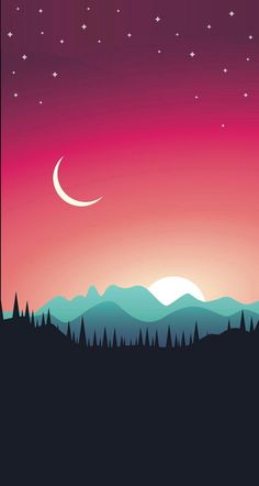 a night scene with the moon and stars in the sky above trees, mountains and hills