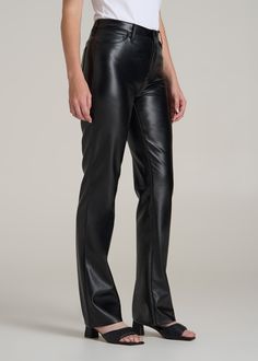 Faux Leather Pants for Tall Ladies Look Sleek and Sophisticated Turn heads and stand out in our Faux Leather Straight Leg Women's Tall Pants, made for the tall woman with a flair for drama. These pants combine a polished look with practical features like a functional button, fly zipper, and five pockets. The straight leg design enhances your longer silhouette, making these tall women's pants perfect for a bold day at the office or a night out on the town.• Sleek faux leather for a chic, polished Pants For Tall Women, Faux Leather Straight Leg Pants, Women In Black, Tall Pants, Leg Design, Tall Women, Faux Leather Pants, Polished Look, Straight Leg Pants