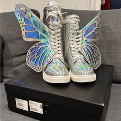 Brand New Beautiful Stunning Rainbow Butterfly Boots Wings Are Removeable Women Size 8 Sold Out Hard To Find In This Rainbow Holographic Color Wing May Arrive Foggy Due To Material But Could Be Always Wiped Off. Added Image Above To Show What The Fog Looks Like When It’s Not Wiped Multicolor Sneakers For Spring Party, Trendy Flat Sneakers For Party, Trendy Flat Party Sneakers, Designer Party Sneakers With Round Toe, Designer Round Toe Sneakers For Party, Winged Shoes, Butterfly Boots, Ball Outfit, Holographic Butterfly