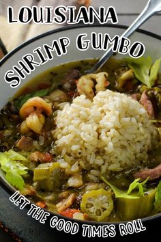 a bowl filled with shrimp gumbo and rice