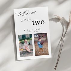 two photos are shown on the front and back cover of this photo book, which has been placed next to a dried plant