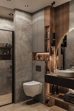 a modern bathroom with marble walls and flooring