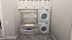 a laundry room with washer and dryer stacked on each other in the corner