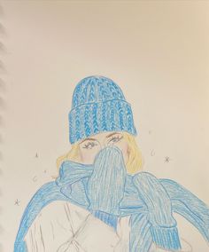 a drawing of a woman wearing a blue hat and scarf with her hands in her mouth