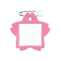 a pink and white photo frame hanging from a hook