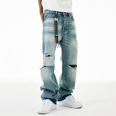 Unlock edgy and effortless style with our M ripped jeans. Made with high-quality denim, these jeans are designed to be both durable and fashionable. The distressed detailing adds a touch of edginess to your look, making them perfect for any occasion. Elevate your wardrobe with these premium jeans that exude sophistication and exclusivity. Features: -45% Cotton, 55% Polyester -Mid-Waist -Premium Denim Fabric -Regular fit -Street style Free Socks, Free Bracelet, Fashion App, Premium Denim, Denim Fabric, Ripped Jeans, Effortless Style, Street Style, Streetwear Brands