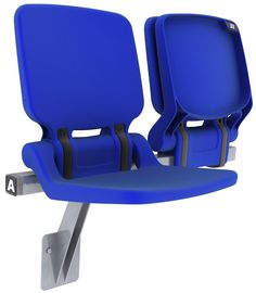 two blue seats sitting next to each other on top of a metal stand with one arm extended