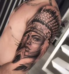 Indian Tattoo Design For Men, Red Indian Tattoo, Indian Women Tattoo, Upper Arm Tattoos For Guys, Celtic Tattoos For Men, Indian Tattoo Design, Headdress Tattoo, Totem Tattoo, Lion Tattoo Sleeves