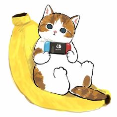 a drawing of a cat sitting on top of a banana