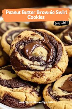 chocolate peanut butter brownie swirl cookies on a white plate with the title above it