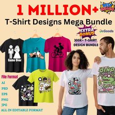 two people standing next to each other wearing t - shirts with cartoon designs on them