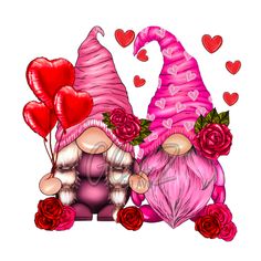 two gnomes sitting next to each other with hearts on their heads and holding red roses