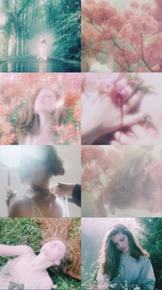 a collage of photos with flowers and trees in the background, including a woman's face