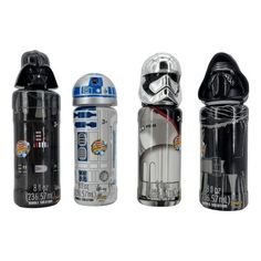 three star wars toys are lined up on a white background, one is black and the other is silver