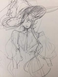 a drawing of a woman with a hat on her head and long hair in the wind