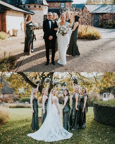 the bride and groom are posing for pictures with their bridal party in front of them