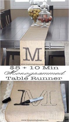 the table runner is made from burlock and has an initial on it, along with