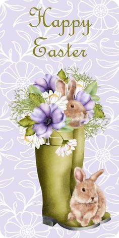 an easter card with rabbits and flowers in a green boot that says happy easter on it