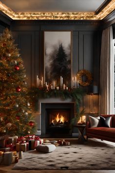 a living room decorated for christmas with a lit tree and presents in front of the fireplace