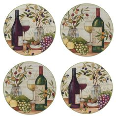 three plates with wine bottles and grapes on them