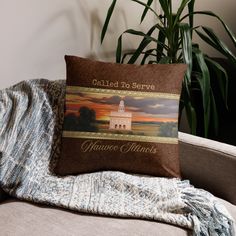 a pillow that says called to serve on it sitting on a couch next to a potted plant