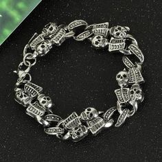 Ghastly Glam: Spook up your style with this grim glimmer of gothic grace. A vintage-inspired skeleton bracelet to die for, this macabre metallic memento mori makes a killer cryptic cuff for your creepy couture. Cast in antiqued silver and accented with a dastardly dark patina, this bony bauble is a hauntingly hip Halloween essential and morbidly marvelous statement piece. Material: Alloy Product specifications: bracelet length 20cm, width 1.5cm. Glam Skeleton, Goth Men, Skeleton Vintage, Skeleton Bracelet, Amethyst Rock, Goth Guys, Gothic Bracelet, Punk Skull, Men Bracelets