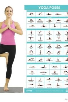 a woman is doing yoga poses in front of a white poster with the instructions for each pose