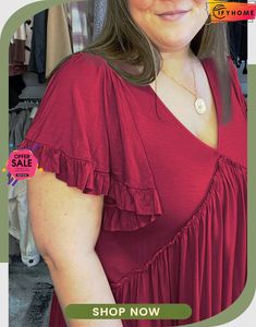 Red Plus Size V Neck Ruffle Sleeve Peplum Blouse Burgundy V-neck Top For Summer, Chic Red Flutter Sleeve Top, Red Casual Tops With Ruffle Hem, Casual Red Tops With Ruffle Hem, Feminine Red V-neck Tops, Red Ruffle Sleeve Summer Tops, Red Ruffle Sleeve Top For Summer, Red Flutter Sleeve Blouse For Summer, Red Ruffle Sleeve Blouse For Summer