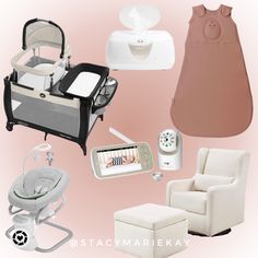 the baby's furniture and accessories are arranged in a collage with pink background