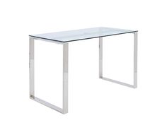 a glass table with metal legs on a white background