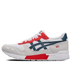 Asics Gel-Lyte Shoes White/Blue/Red 1193A102-100 (SNKR) White Asics Sneakers With Round Toe, Asics White Sneakers With Round Toe, Casual Asics Sneakers With Ortholite Insole, Asics Sneakers With Ortholite Insole And Round Toe, Asics Sneakers With Ortholite Insole, White Asics Running Shoes With Rubber Sole, White High-top Asics Running Shoes, Casual Red Asics Sneakers, Asics White High-top Running Shoes