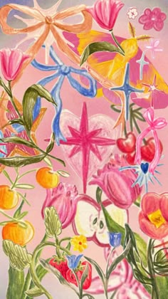 a painting of flowers and butterflies on a pink background