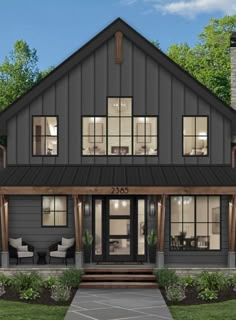 this is an artist's rendering of a modern farmhouse style home in the country