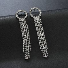 Rhinestone Crystal Drop Dangling Long Tassel Earrings Silver Tassel Earrings With Rhinestone Fringe, Dangle Crystal Earrings With Rhinestone Fringe, Silver Crystal Dangle Tassel Earrings, Crystal Tassel Earrings With Rhinestone Fringe, Alloy Earrings With Rhinestones For Party, Round Alloy Earrings For Parties, Silver Tassel Earrings With Rhinestones For Party, Crystal Jewelry With Rhinestone Fringe As Gift, Elegant Alloy Earrings With Rhinestones