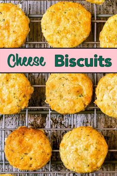 Cheese biscuits on a wire rack with a text overlay title.