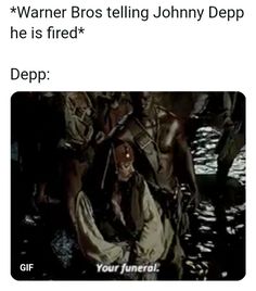 an image of a man sitting in the water with other people around him and text that reads, warm bros telling johnny depp he is fired