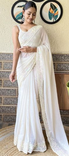 White and Off White color Saree in Georgette fabric with Embroidered, Sequence, Thread work Elegant White Chikankari Embroidery Blouse Piece, White Saree With Pearl Embroidery For Reception, Festive White Saree With Pearl Embroidery, White Bollywood Blouse With Pearl Embroidery, Bollywood Style White Saree With Pearl Embroidery, White Fitted Saree With Pearl Embroidery, Elegant White Traditional Drape Blouse Piece, White Georgette Saree With Pearl Embroidery, White Georgette Blouse With Pearl Embroidery